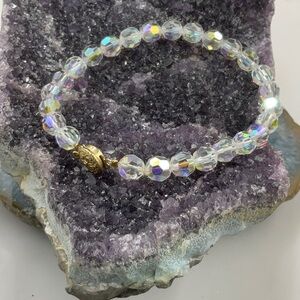 7” Aurora Borealis Sparkling Iridescent Beaded Bracelet With Gold Clasp